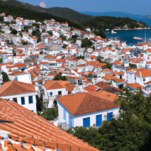 נוף ציורי של העיירה סקופלוס עם הבתים הלבנים המסורתיים והתריסים הכחולים שלה