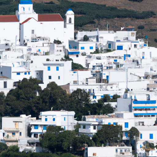 נוף מדהים של העיירה סקירוס עם הבתים הלבנים והכנסיות עם הכיפות הכחולות שלה