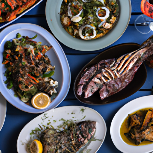 שולחן עמוס במנות יווניות מסורתיות, כולל פירות ים טריים ומזה
