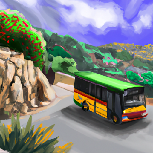 אוטובוס מקומי צבעוני שחוצה את הדרכים המפותלות של איקריה