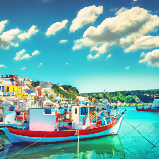נוף ציורי של נמל העיירה זאקינתוס עם סירות צבעוניות ומבנים על קו המים.