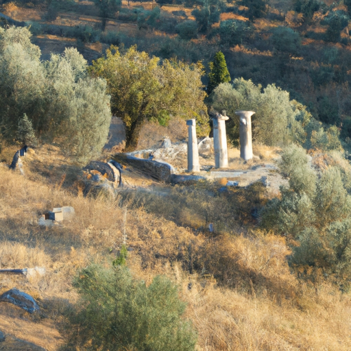 תיאור: חורבות עתיקות של מקדש בתסליה, מוקף בעצי זית